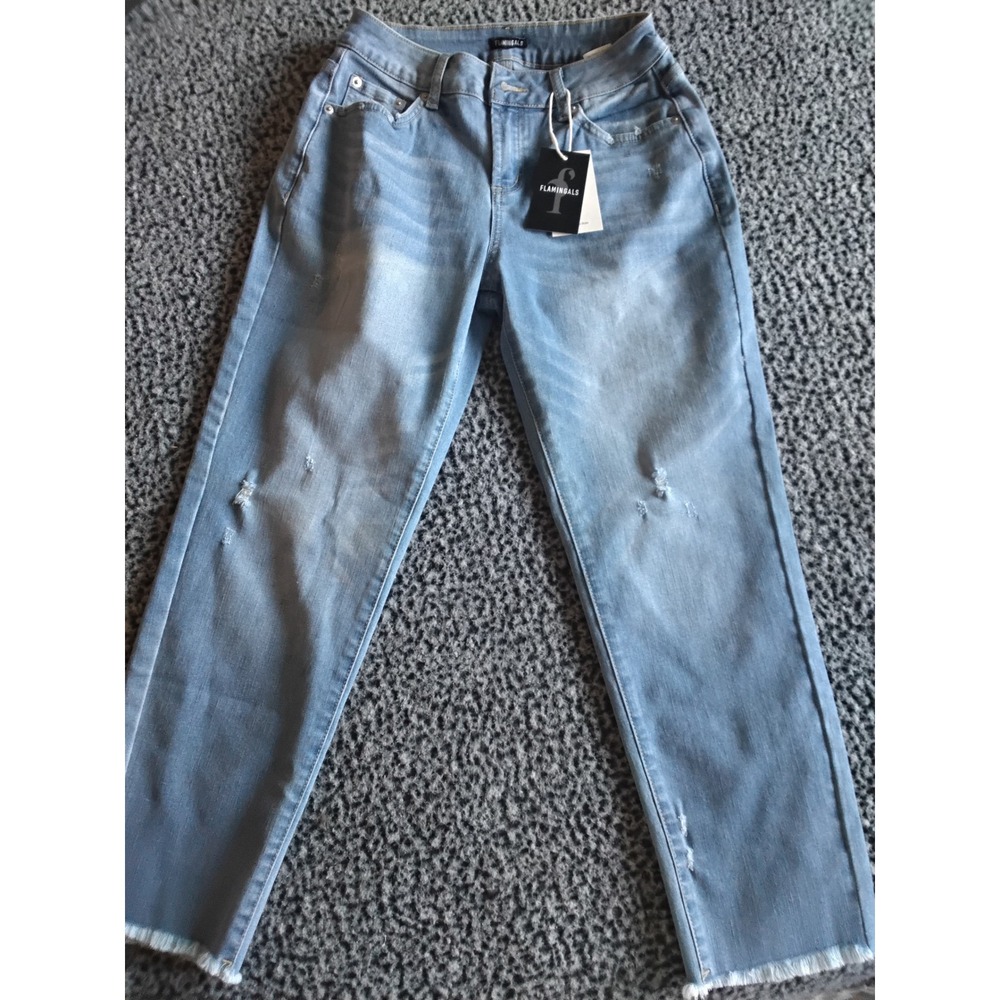 Flamingals Light Wash Distressed Raw Hem Straight Leg Jeans Size S 271457 DS